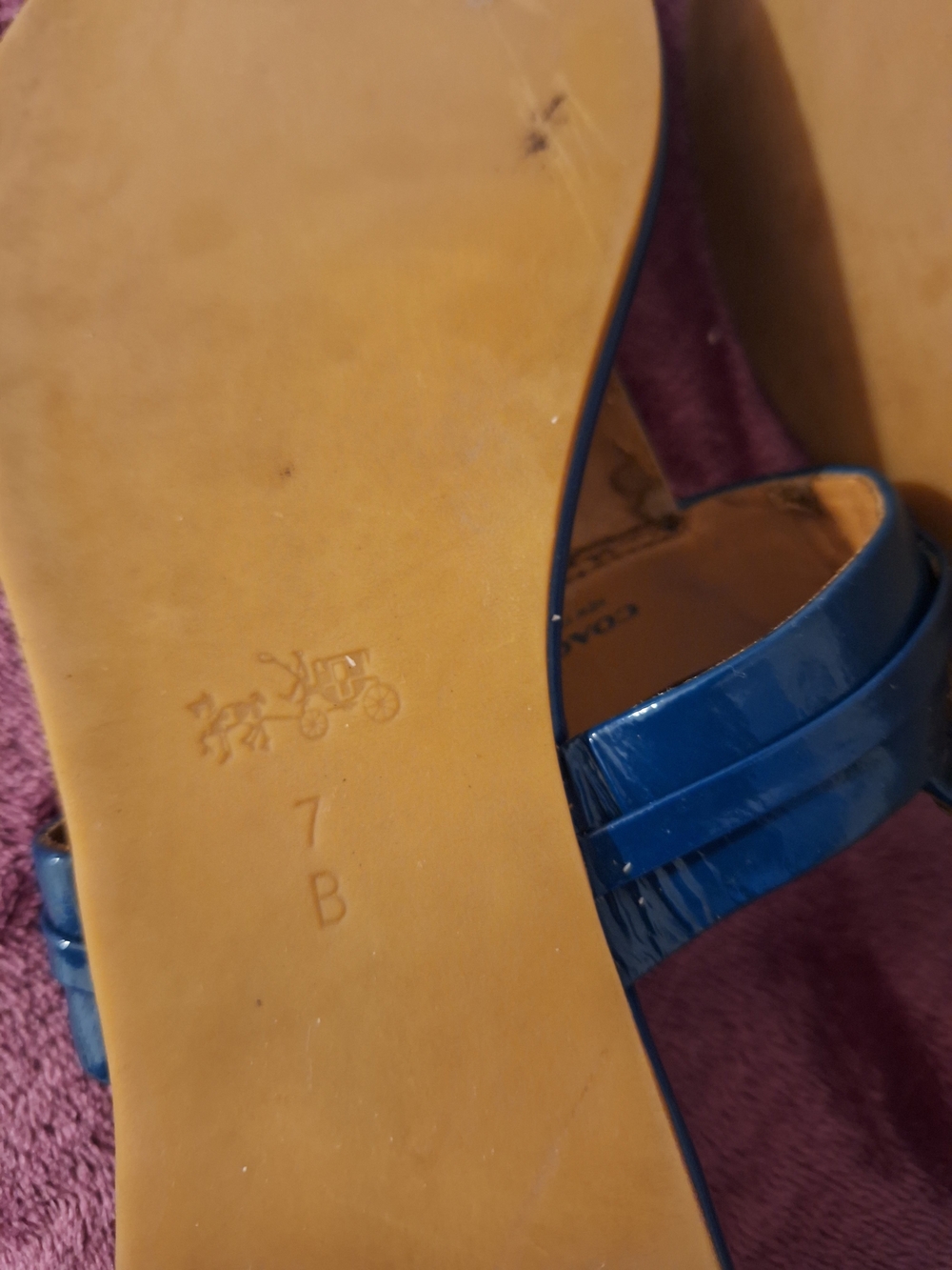 COACH Women's Blue Patent Thong Sandals with Gold Trim - Picture 5 of 10